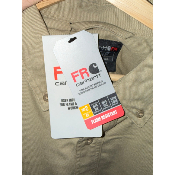Men's Carhartt Khaki Flame Resistant Tan Casual Button Down Shirt size 2XLT NWT - Picture 9 of 10